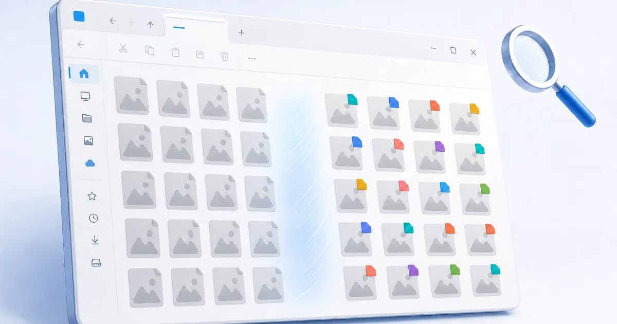 Un dossier Windows encombré de captures d'écran nommées par horodatage identiques sur la gauche, réorganisé sur la droite en fichiers nommés pour leur contenu comme invoice-4471 et login-error