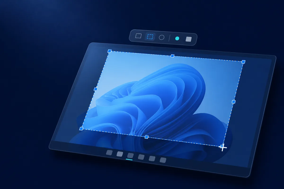A rectangular screenshot selection with drag handles being drawn across a Windows 11 desktop, with a floating capture toolbar above