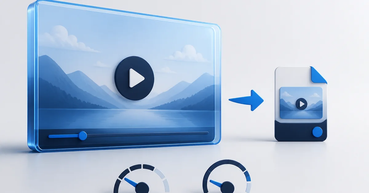 A large raw screen-recording file shrinking into a small optimized MP4, with resolution, frame rate, and length shown as the dials that control the size
