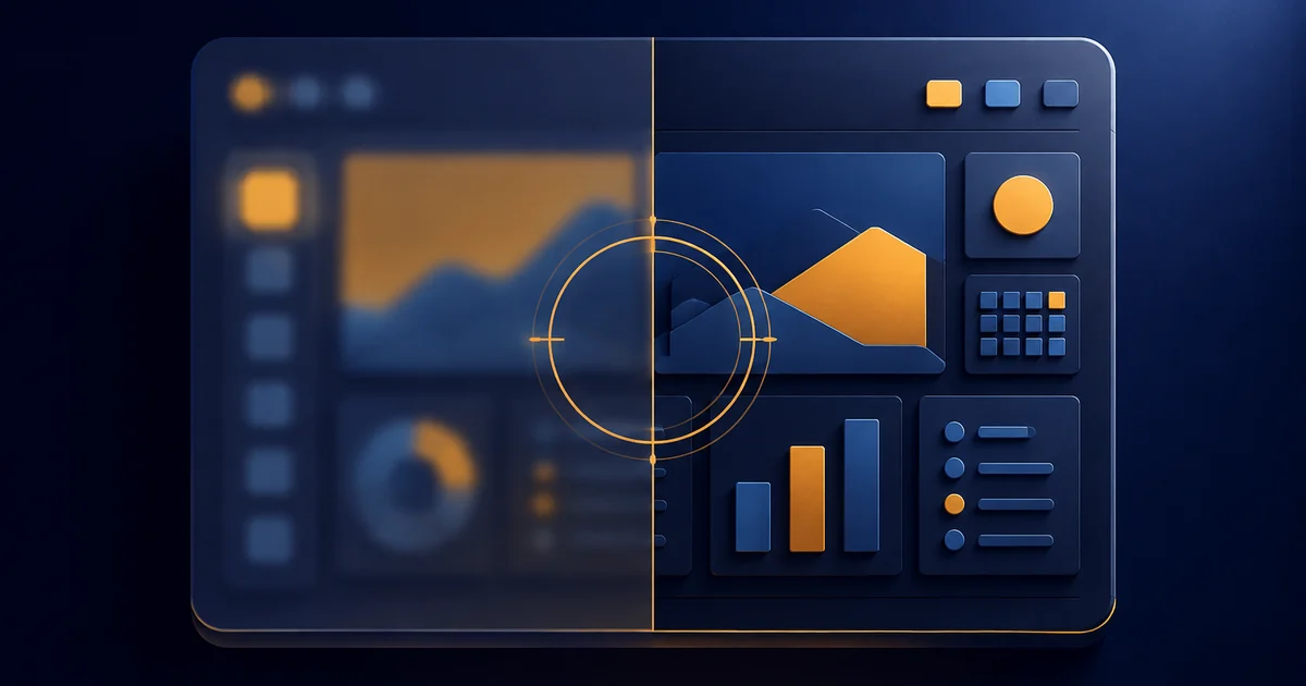 A single screenshot panel split down the middle by a hard vertical edge — the left half soft and out of focus, the right half tack-sharp — with a focus ring pulling the image into clarity