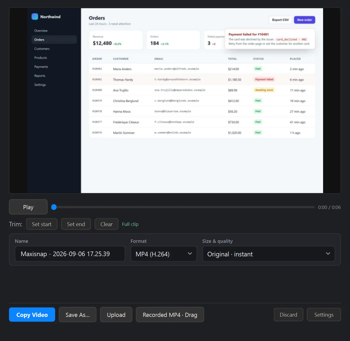 La fenêtre de résultat vidéo de Maxisnap avec aperçu, contrôles de rognage, menus de format et de qualité, et boutons d'export