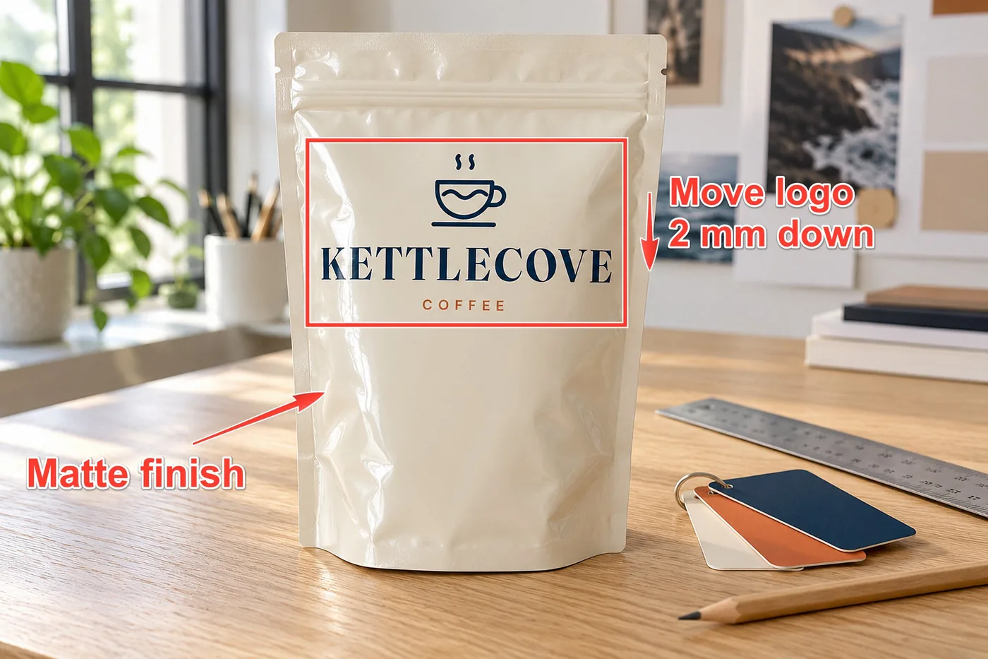 A photo of a coffee bag packaging proof with Maxisnap arrows and notes